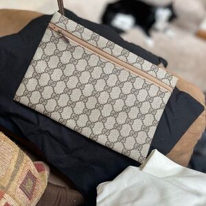 Gucci Brown & Beige GG Monogram Zip Wrist Pouch